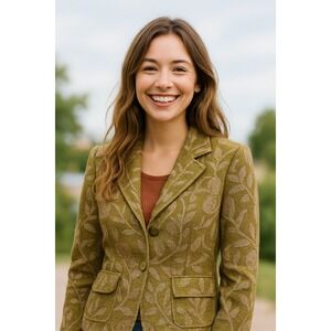 Vintage Bohemian Romantic Chic Baroque Tapestry Velvet Olive Green Jacket Blazer